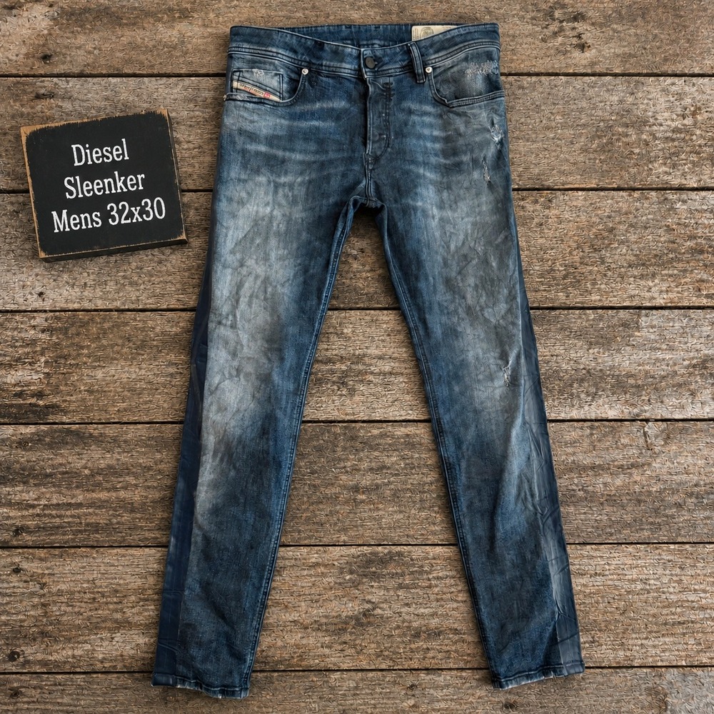 Diesel Sleenker Mens 32x30 Slim Skinny Distressed Jeans Racing Stripe Blue Italy